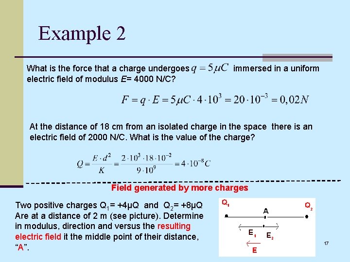 Example 2 What is the force that a charge undergoes electric field of modulus