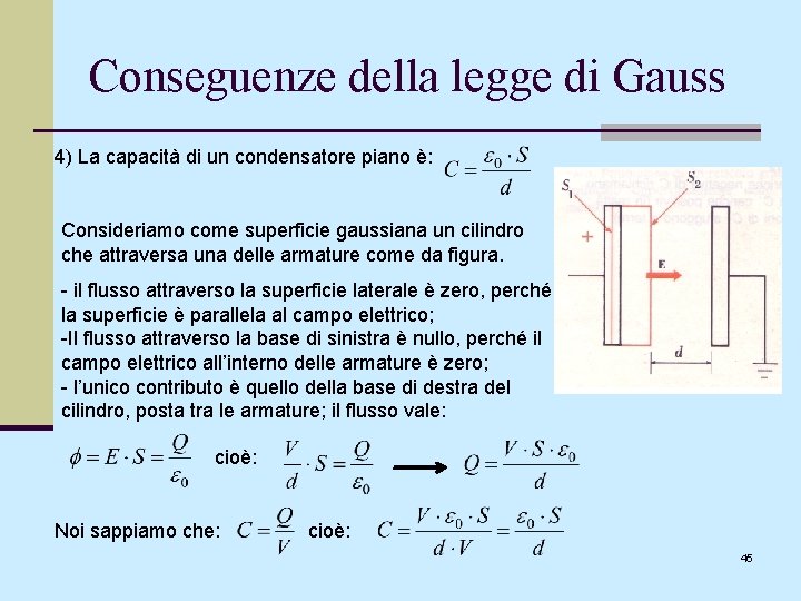 Conseguenze della legge di Gauss 4) La capacità di un condensatore piano è: Consideriamo