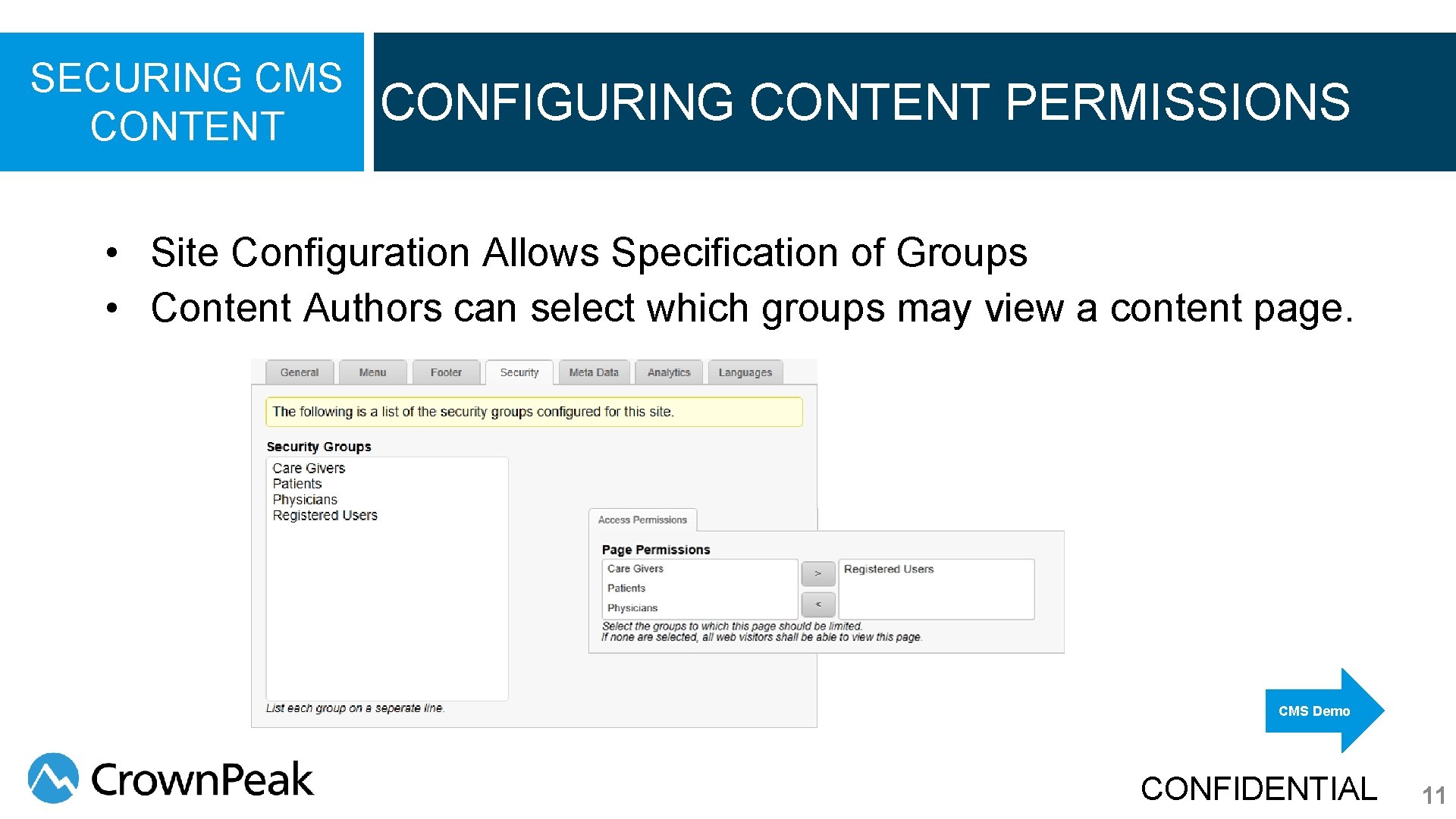 SECURING CMS CONTENT CONFIGURING CONTENT PERMISSIONS • Site Configuration Allows Specification of Groups • SECURING CMS CONTENT CONFIGURING CONTENT PERMISSIONS • Site Configuration Allows Specification of Groups •