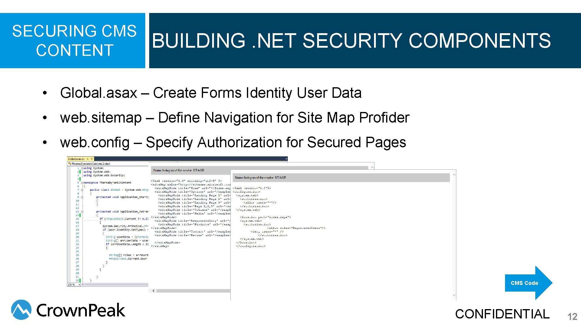 SECURING CMS CONTENT BUILDING. NET SECURITY COMPONENTS • Global. asax – Create Forms Identity SECURING CMS CONTENT BUILDING. NET SECURITY COMPONENTS • Global. asax – Create Forms Identity