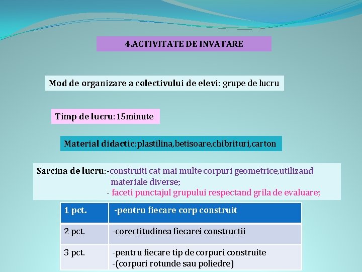 4. ACTIVITATE DE INVATARE Mod de organizare a colectivului de elevi: grupe de lucru