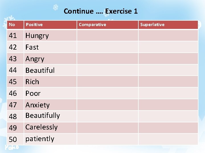 Continue …. Exercise 1 No Positive 41 42 43 44 45 46 47 48