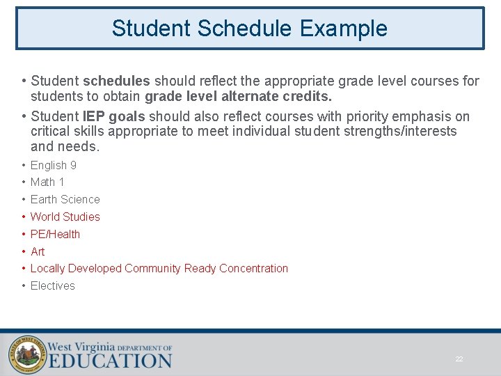 Student Schedule Example • Student schedules should reflect the appropriate grade level courses for