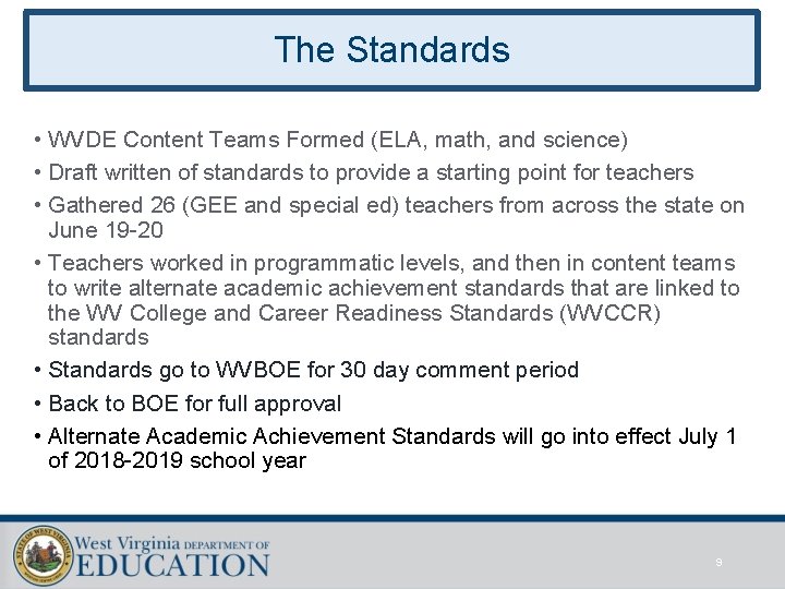 The Standards • WVDE Content Teams Formed (ELA, math, and science) • Draft written