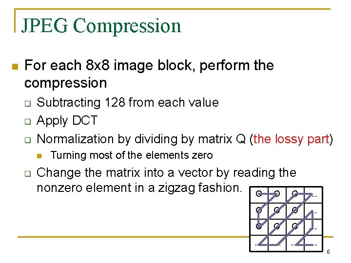 JPEG Compression n For each 8 x 8 image block, perform the compression q