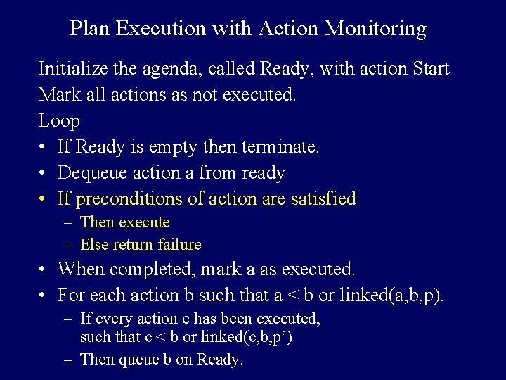 Plan Execution with Action Monitoring Initialize the agenda, called Ready, with action Start Mark