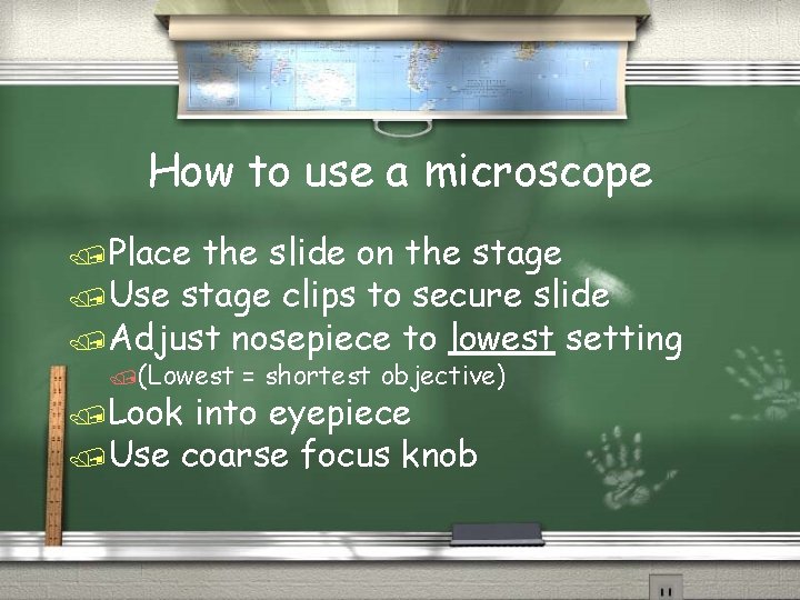 How to use a microscope /Place the slide on the stage /Use stage clips