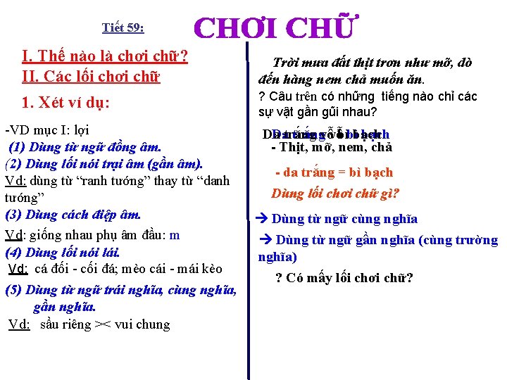 Tiết 59: : I. Thế nào là chơi chữ? II. Các lối chơi chữ