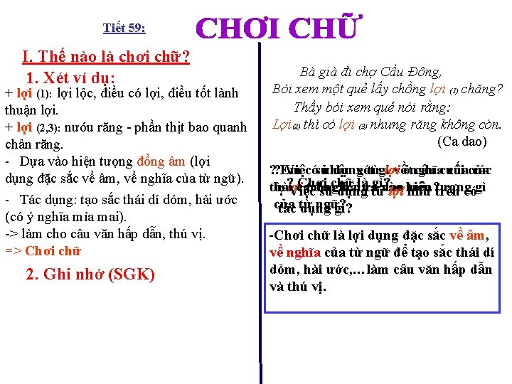 Tiết 59: : I. Thế nào là chơi chữ? 1. Xét ví dụ: +