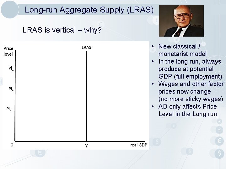 Long-run Aggregate Supply (LRAS) LRAS is vertical – why? • New classical / monetarist