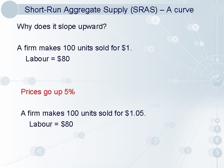 Short-Run Aggregate Supply (SRAS) – A curve Why does it slope upward? A firm