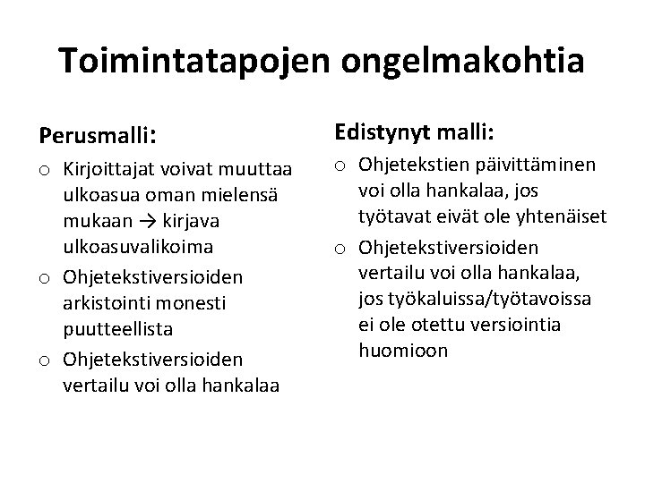 Toimintatapojen ongelmakohtia Perusmalli: Edistynyt malli: o Kirjoittajat voivat muuttaa ulkoasua oman mielensä mukaan →