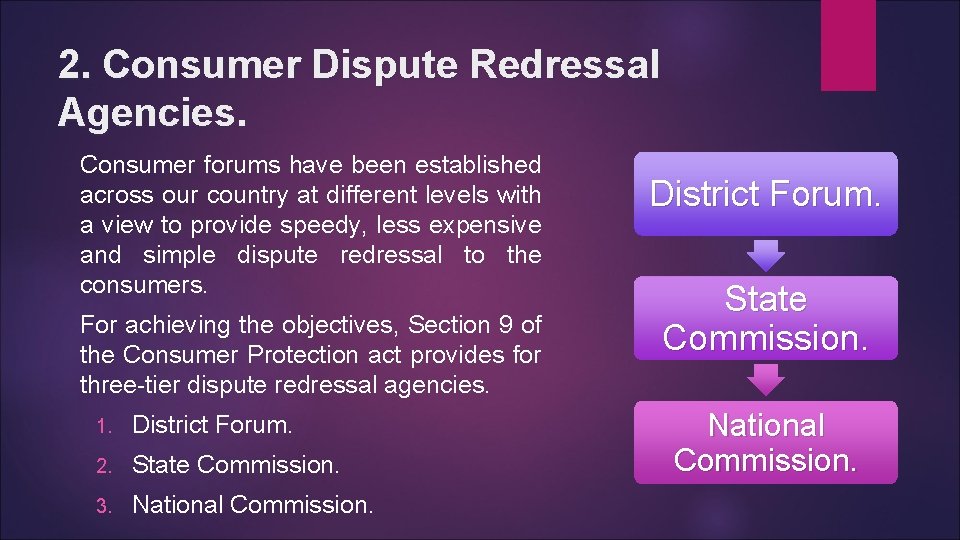 2. Consumer Dispute Redressal Agencies. Consumer forums have been established across our country at