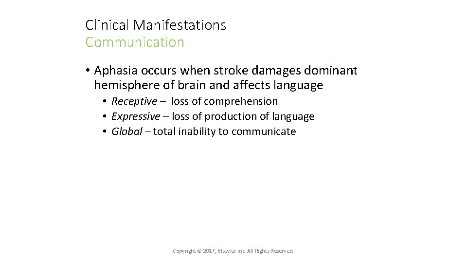 Clinical Manifestations Communication • Aphasia occurs when stroke damages dominant hemisphere of brain and