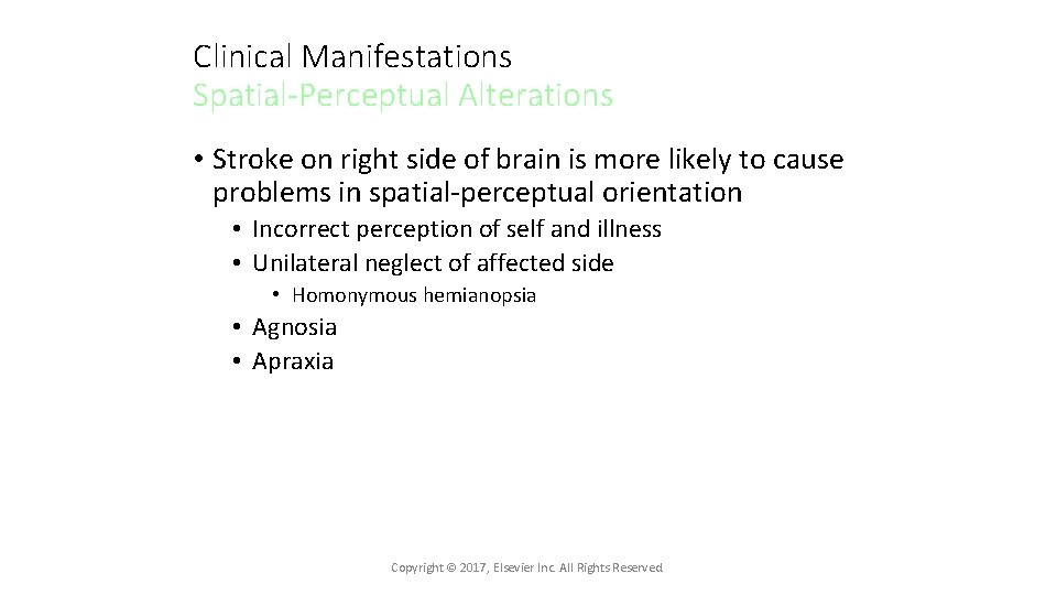 Clinical Manifestations Spatial-Perceptual Alterations • Stroke on right side of brain is more likely