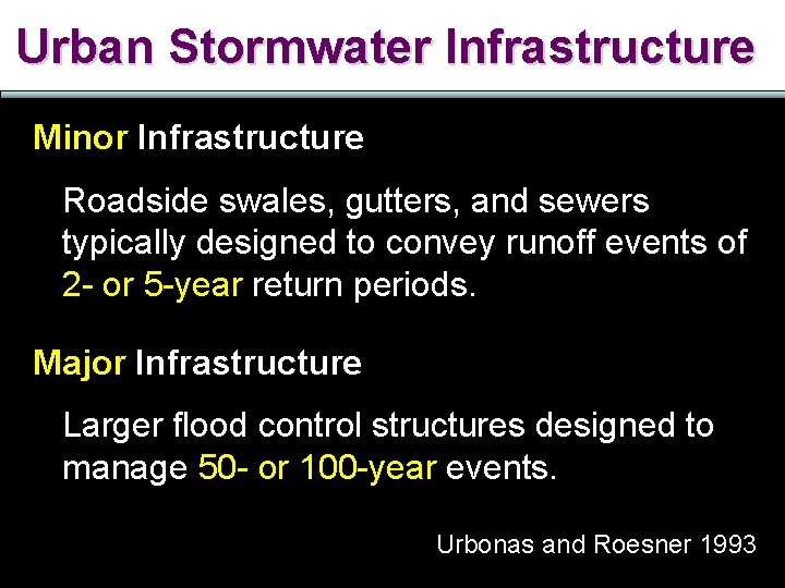 Urban Stormwater Infrastructure Minor Infrastructure Roadside swales, gutters, and sewers typically designed to convey