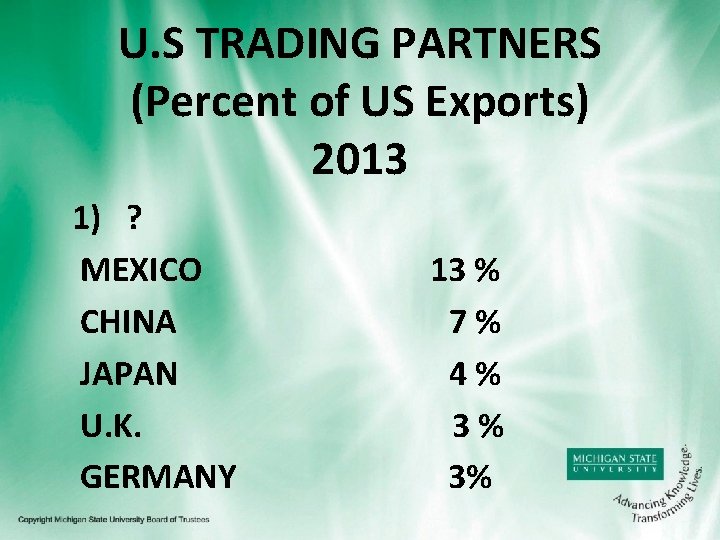 U. S TRADING PARTNERS (Percent of US Exports) 2013 1) ? MEXICO CHINA JAPAN