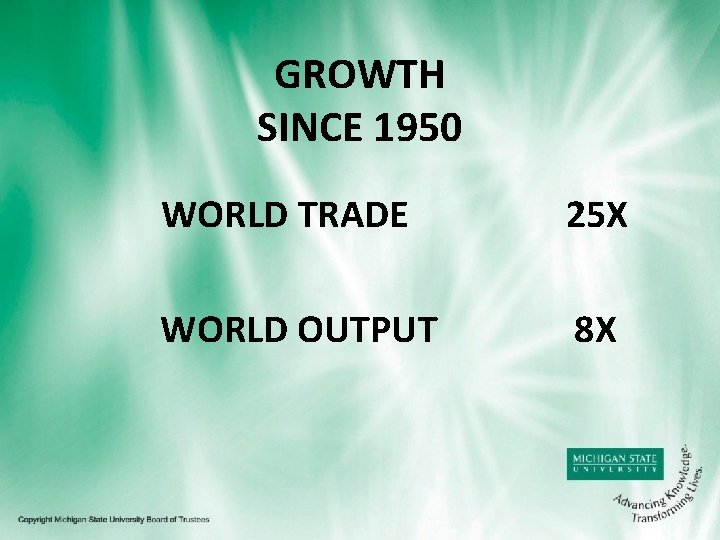 GROWTH SINCE 1950 WORLD TRADE 25 X WORLD OUTPUT 8 X 