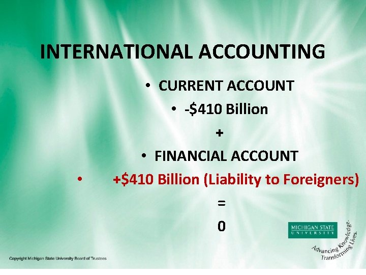 INTERNATIONAL ACCOUNTING • • CURRENT ACCOUNT • -$410 Billion + • FINANCIAL ACCOUNT +$410