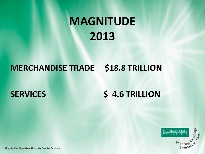 MAGNITUDE 2013 MERCHANDISE TRADE $18. 8 TRILLION SERVICES $ 4. 6 TRILLION 