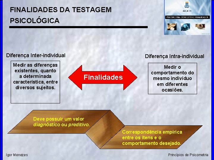 FINALIDADES DA TESTAGEM PSICOLÓGICA Diferença Inter-individual Medir as diferenças existentes, quanto a determinada característica,