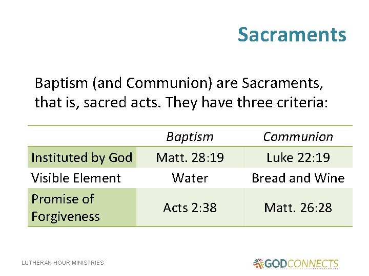 Sacraments Baptism (and Communion) are Sacraments, that is, sacred acts. They have three criteria: