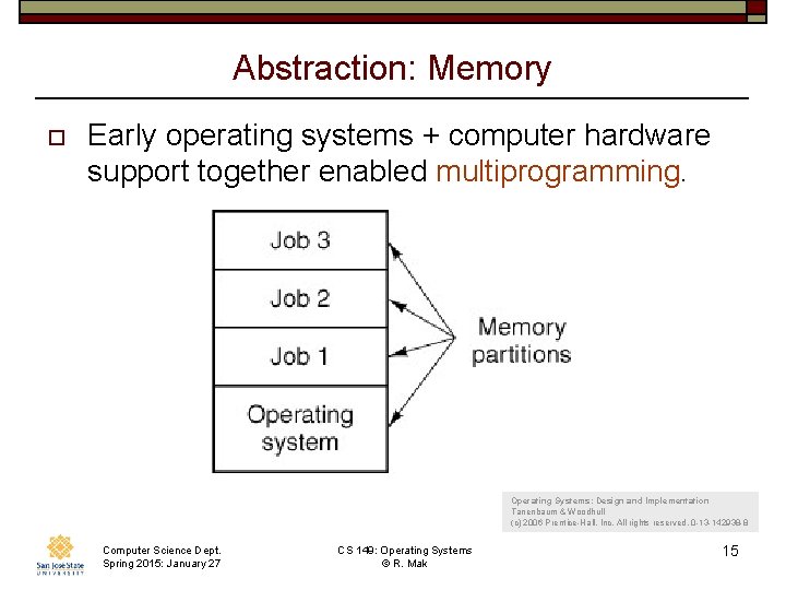 Abstraction: Memory o Early operating systems + computer hardware support together enabled multiprogramming. Operating
