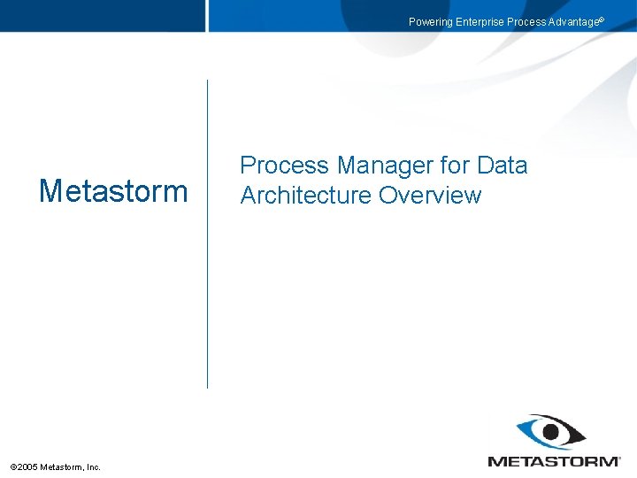 Powering Enterprise Process Advantage® Metastorm 2005 Metastorm, Inc. Process Manager for Data Architecture Overview