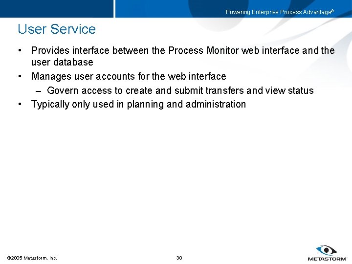Powering Enterprise Process Advantage® User Service • Provides interface between the Process Monitor web