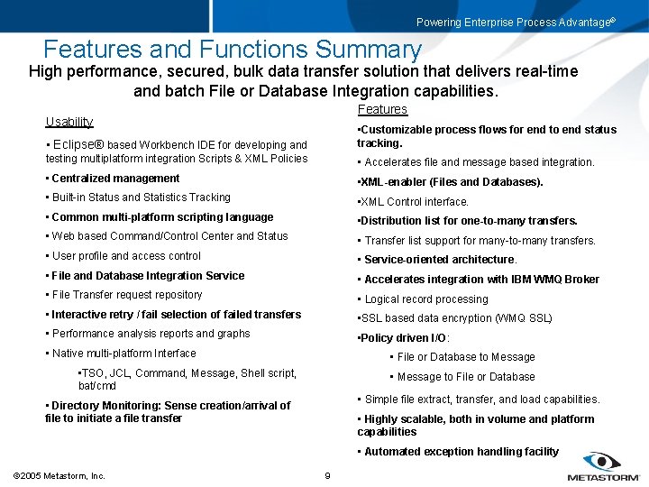 Powering Enterprise Process Advantage® Features and Functions Summary High performance, secured, bulk data transfer