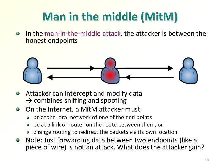 Man in the middle (Mit. M) In the man-in-the-middle attack, the attacker is between