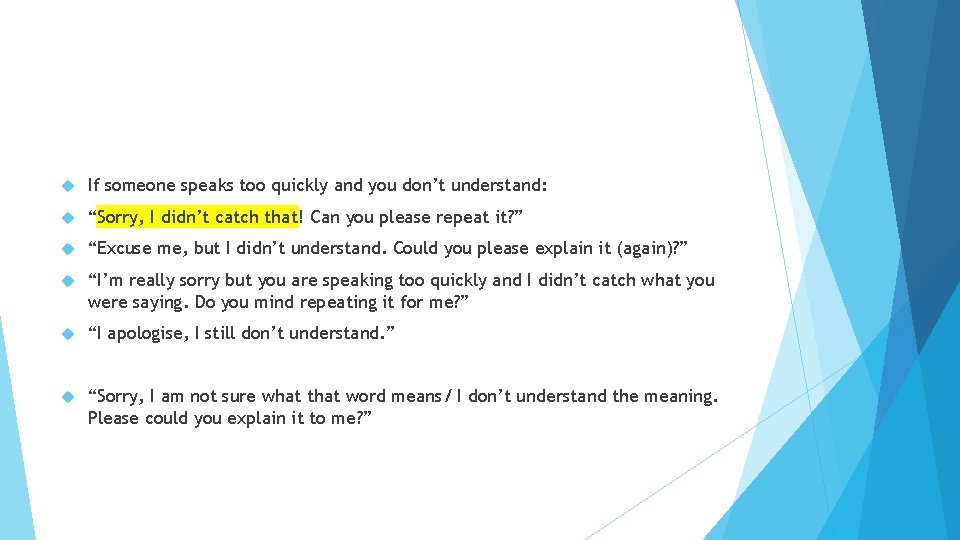  If someone speaks too quickly and you don’t understand: “Sorry, I didn’t catch