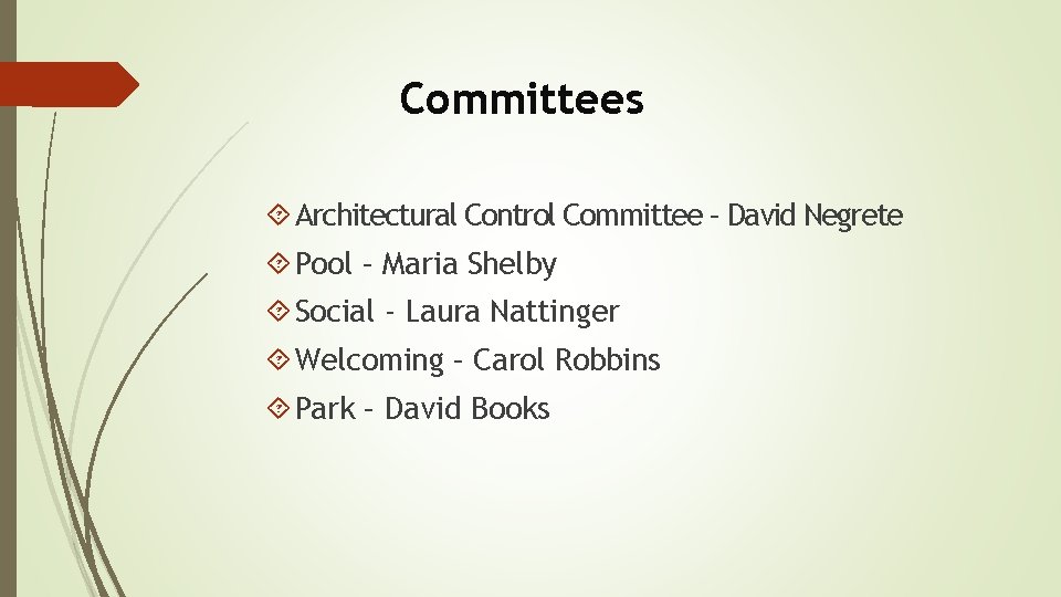 Committees Architectural Control Committee – David Negrete Pool – Maria Shelby Social - Laura