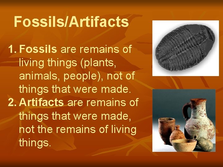 Fossils/Artifacts 1. Fossils are remains of living things (plants, animals, people), not of things