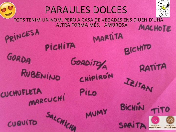 PARAULES DOLCES TOTS TENIM UN NOM, PERÒ A CASA DE VEGADES ENS DIUEN D’UNA