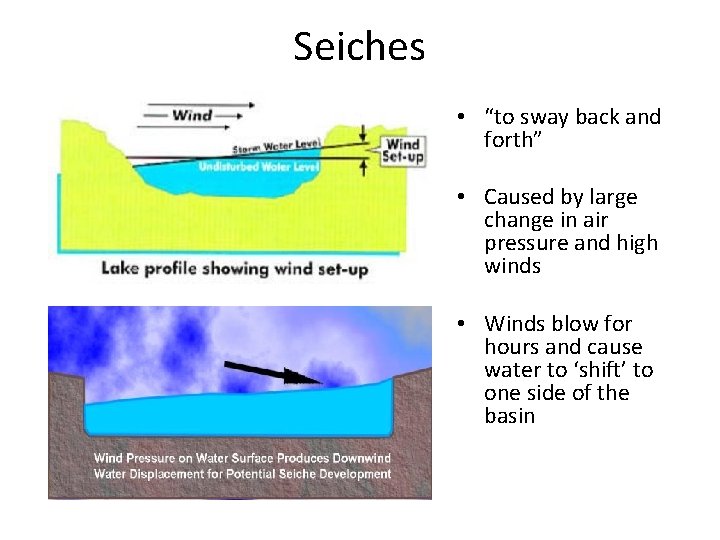 Seiches • “to sway back and forth” • Caused by large change in air