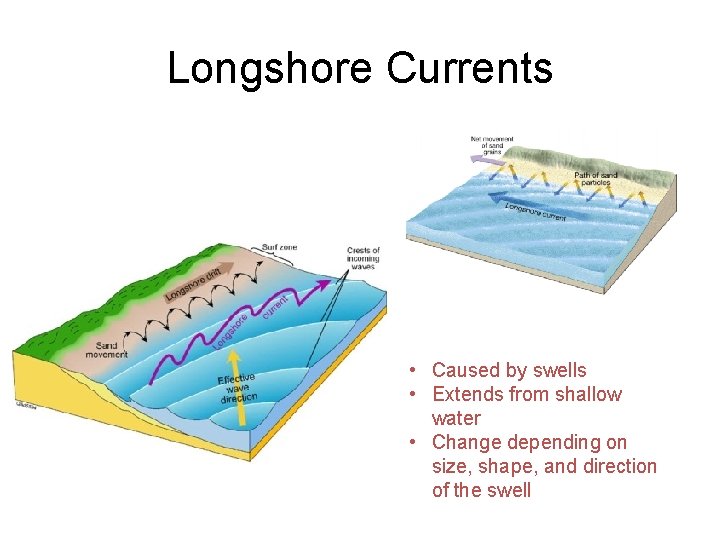 Longshore Currents • Caused by swells • Extends from shallow water • Change depending