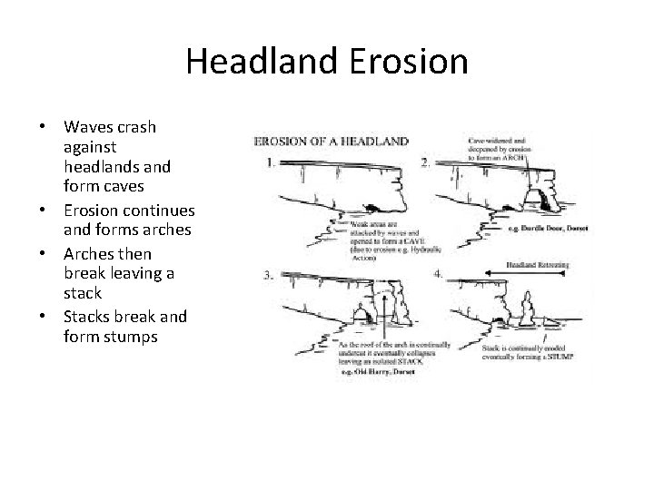 Headland Erosion • Waves crash against headlands and form caves • Erosion continues and