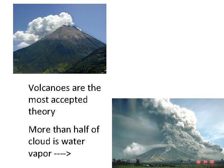 Volcanoes are the most accepted theory More than half of cloud is water vapor