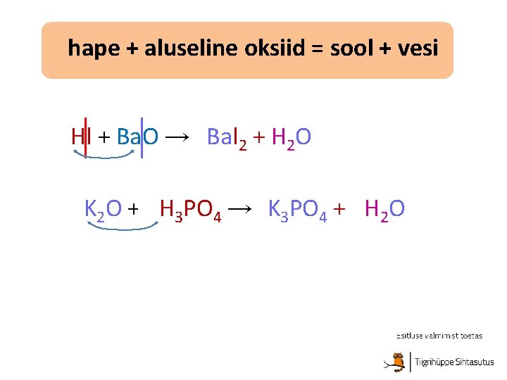 hape + aluseline oksiid = sool + vesi 2 Hl + Ba. O →