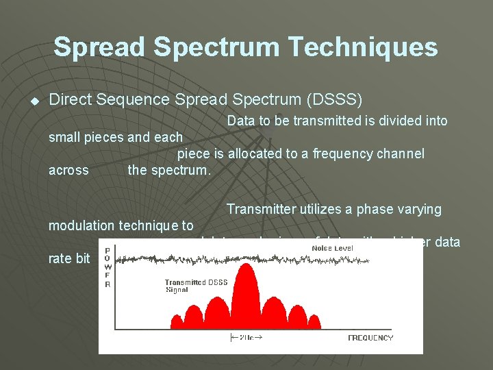 Spread Spectrum Techniques u Direct Sequence Spread Spectrum (DSSS) Data to be transmitted is