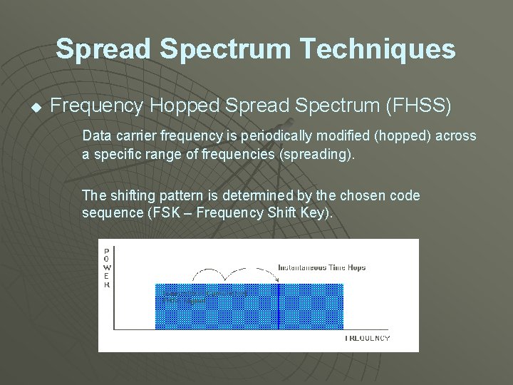Spread Spectrum Techniques u Frequency Hopped Spread Spectrum (FHSS) Data carrier frequency is periodically