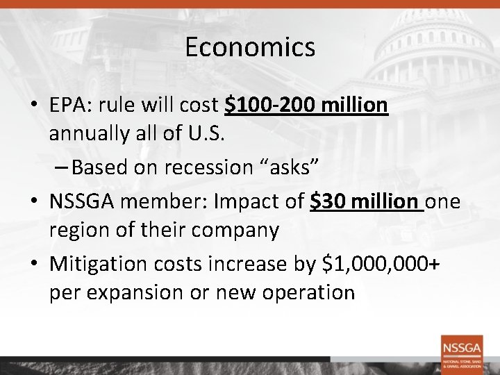 Economics • EPA: rule will cost $100 -200 million annually all of U. S.