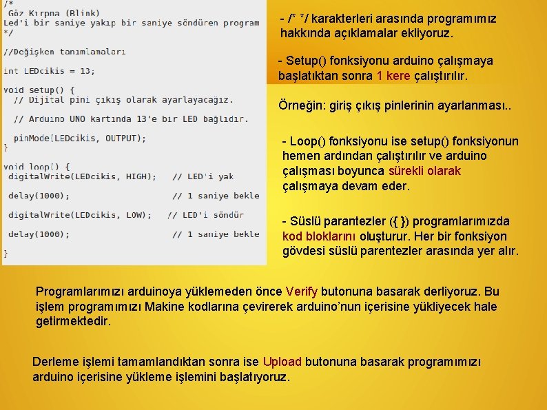 - /* */ karakterleri arasında programımız hakkında açıklamalar ekliyoruz. - Setup() fonksiyonu arduino çalışmaya