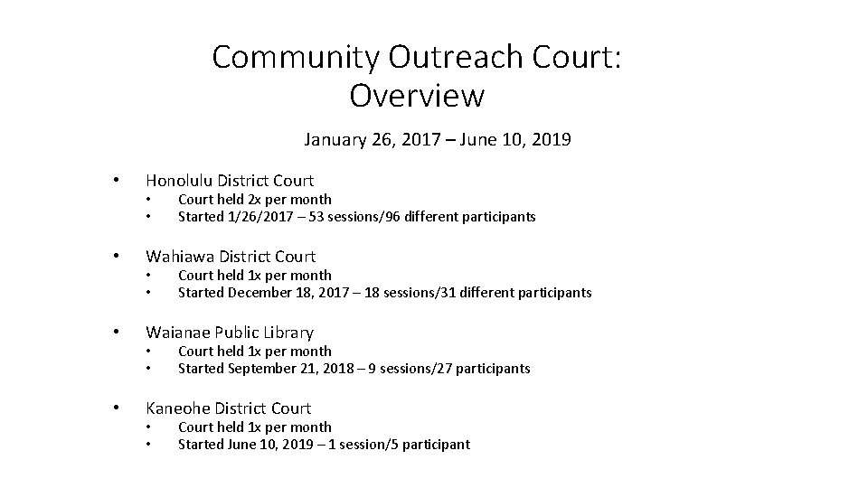 Community Outreach Court: Overview January 26, 2017 – June 10, 2019 • Honolulu District