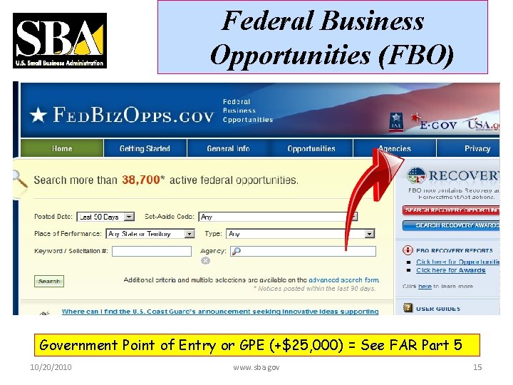 Federal Business Opportunities (FBO) Government Point of Entry or GPE (+$25, 000) = See