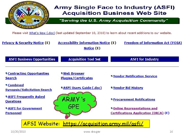 ARMY ‘s GPE AFSI Website: https: //acquisition. army. mil/asfi/ 10/20/2010 www. sba. gov 16