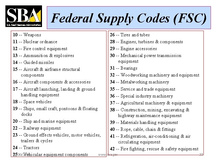 Federal Supply Codes (FSC) 10 -- Weapons 26 -- Tires and tubes 11 --