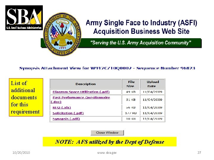 List of additional documents for this requirement NOTE: AFS utilized by the Dept of