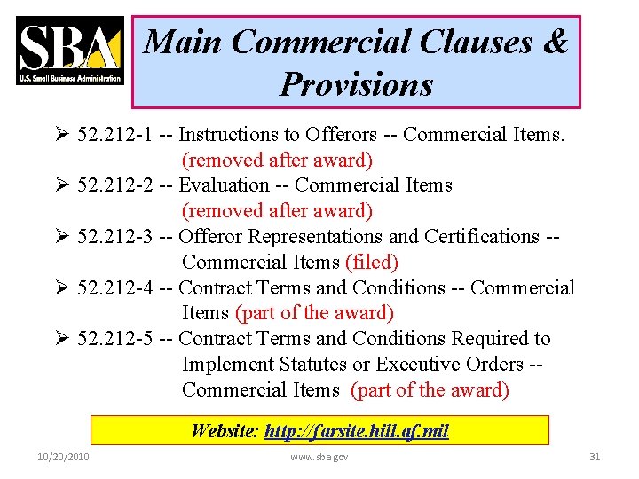 Main Commercial Clauses & Provisions Ø 52. 212 -1 -- Instructions to Offerors --